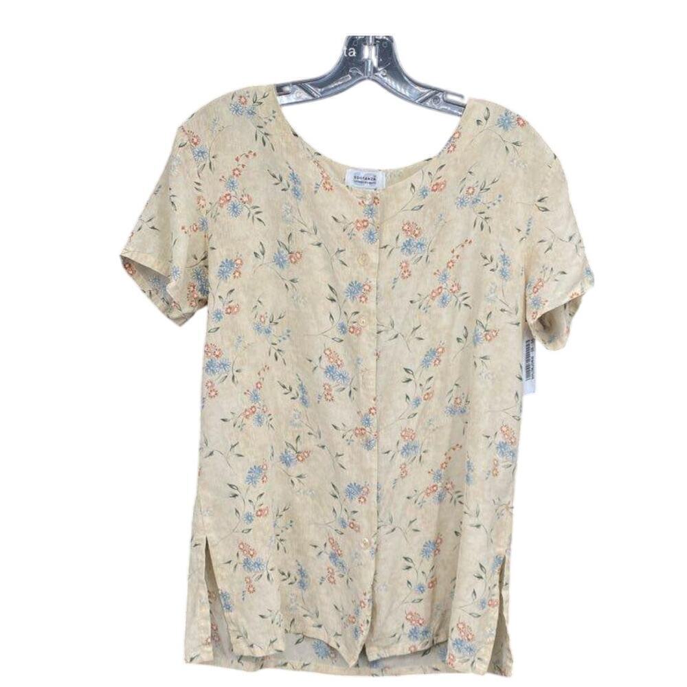 Women's M Vintage Sostanza Silk Floral Shirt Yellow Cottagecore Summer